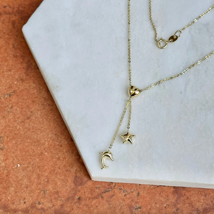 14KT Yellow Gold Heart, Star, Dolphin Charm Lariat Necklace