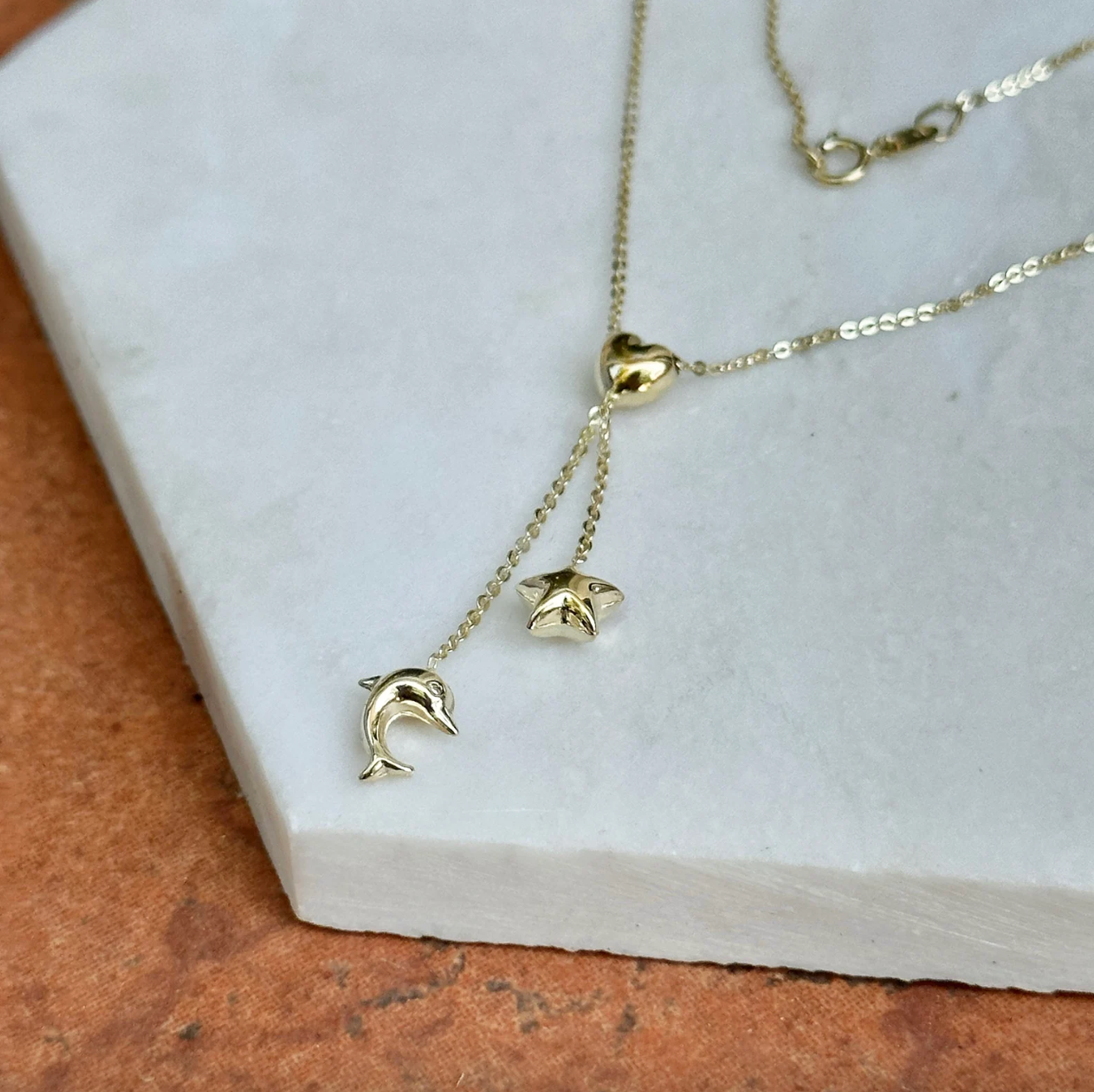 14KT Yellow Gold Heart, Star, Dolphin Charm Lariat Necklace