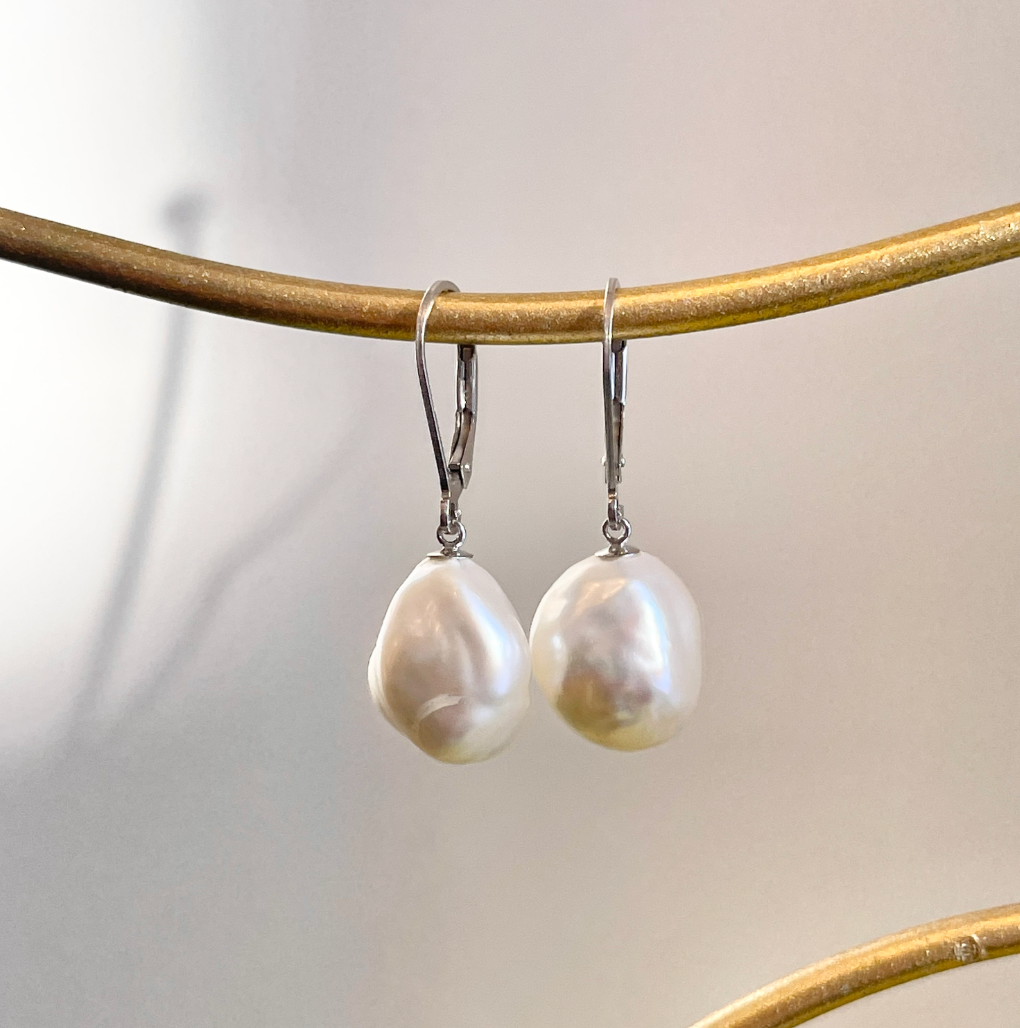 Sterling Silver Freshwater Baroque Pearl Lever Back Earrings