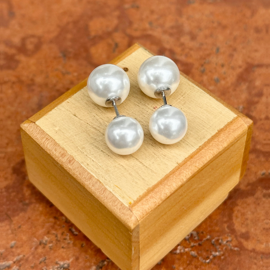 Sterling Silver Double Imitation White Pearl Stud Earrings