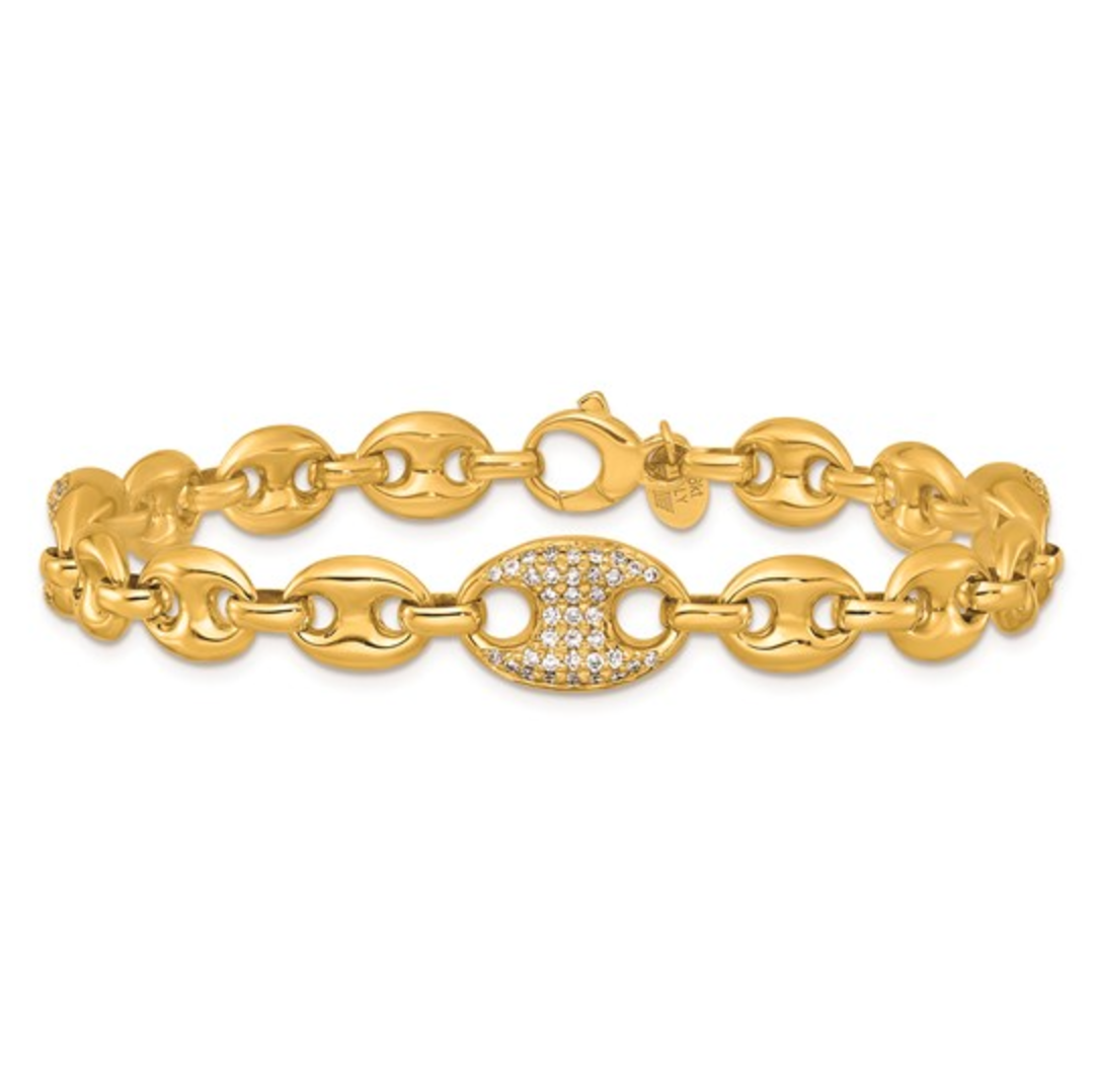 18KT Yellow Golf Puffed Pave Diamond Anchor Mariner Chain Bracelet