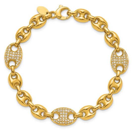 18KT Yellow Golf Puffed Pave Diamond Anchor Mariner Chain Bracelet