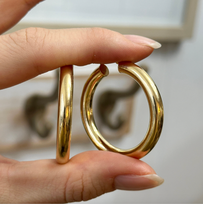 18KT Yellow Gold 5mm Tube Round Hoop Earrings 35mm