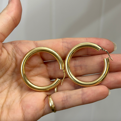 18KT Yellow Gold 5mm Tube Round Hoop Earrings 35mm