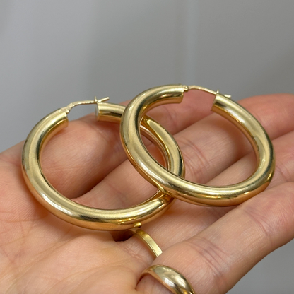 18KT Yellow Gold 5mm Tube Round Hoop Earrings 35mm