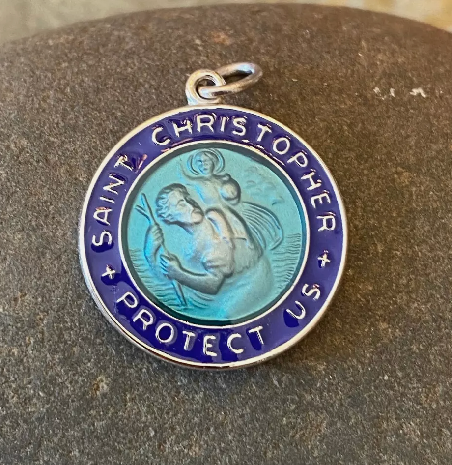 Sterling Silver + Blue Enamel Saint Christopher Round Medal Pendant