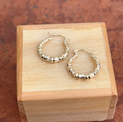 14KT Yellow Gold Bamboo Design Hoop Earrings 11mm