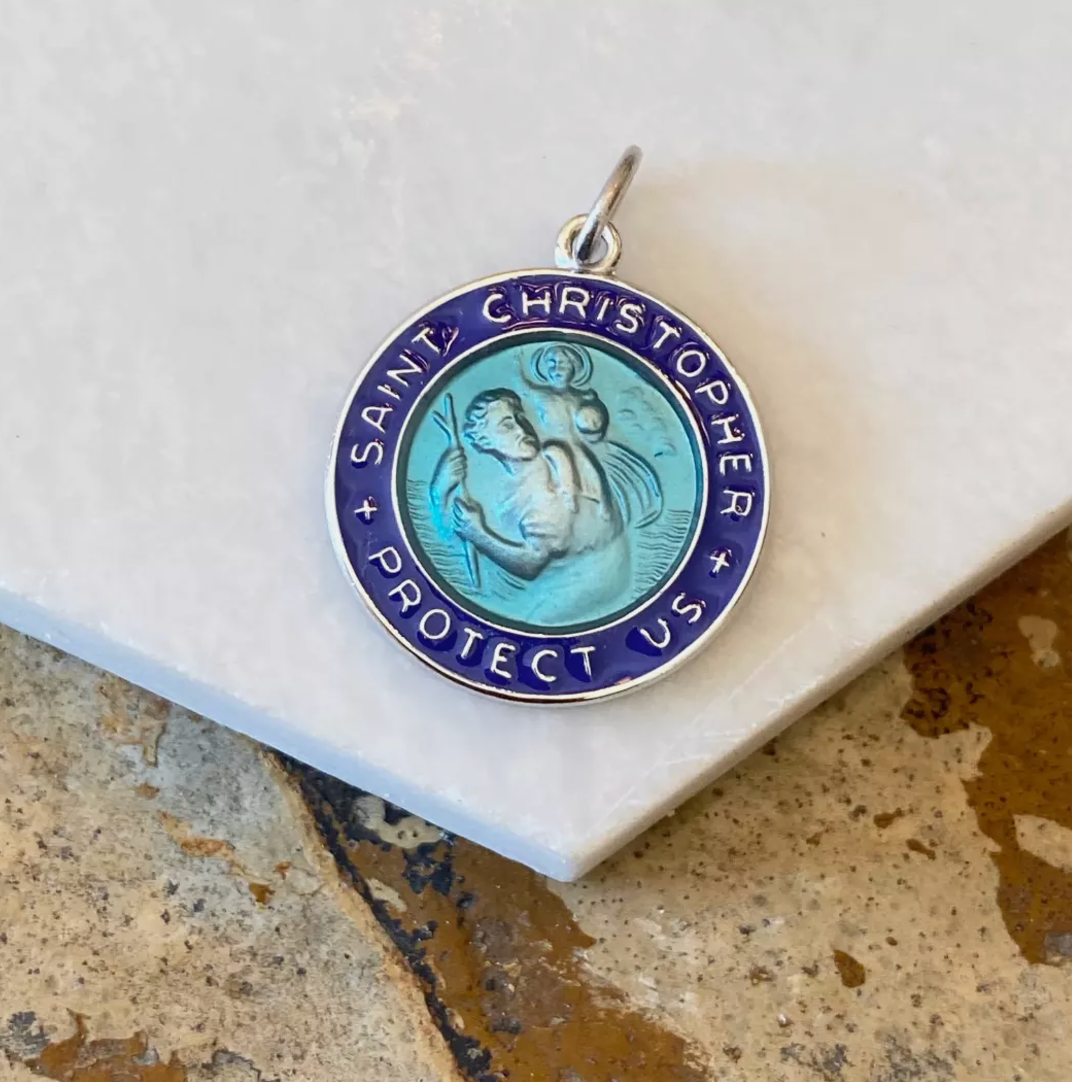 Sterling Silver + Blue Enamel Saint Christopher Round Medal Pendant