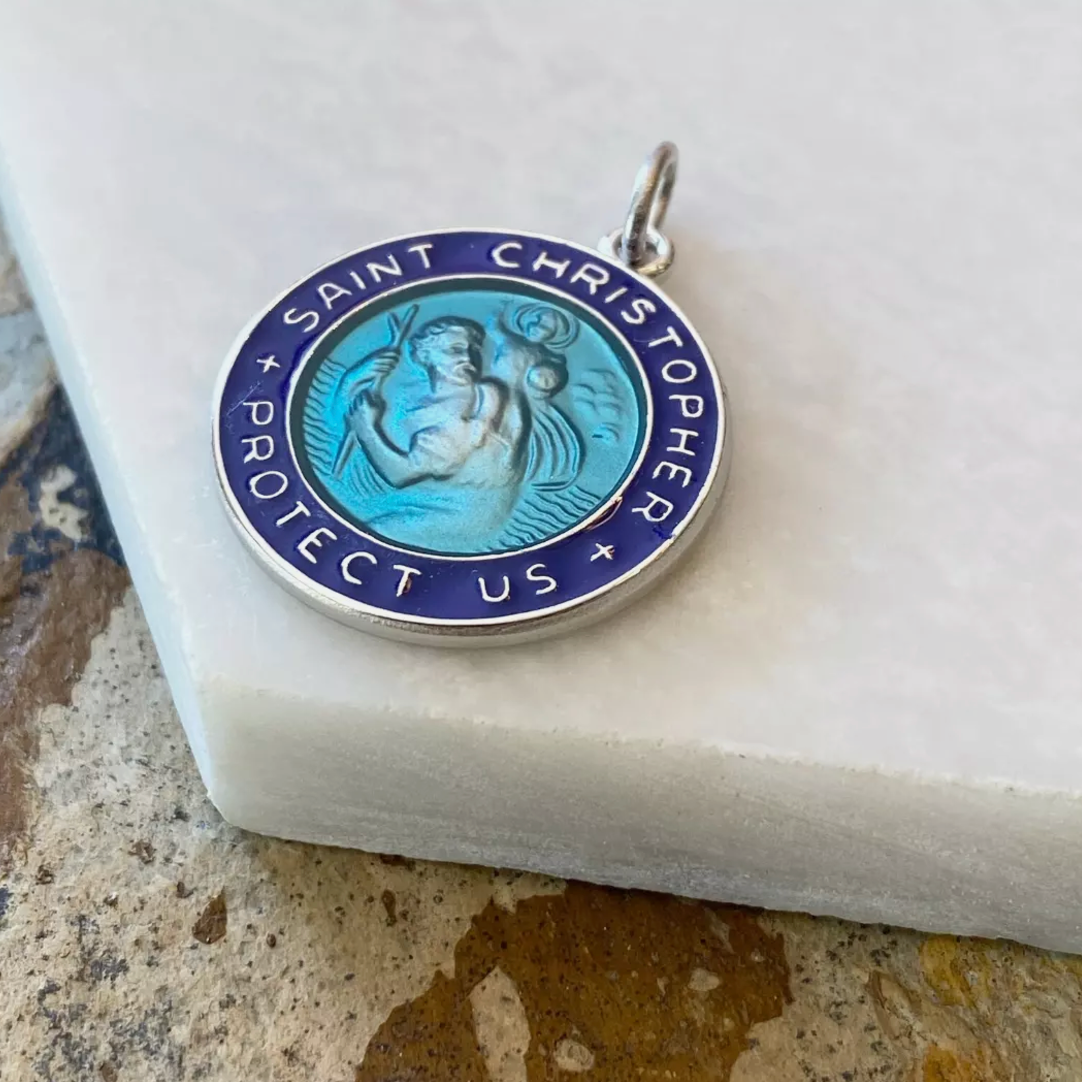 Sterling Silver + Blue Enamel Saint Christopher Round Medal Pendant