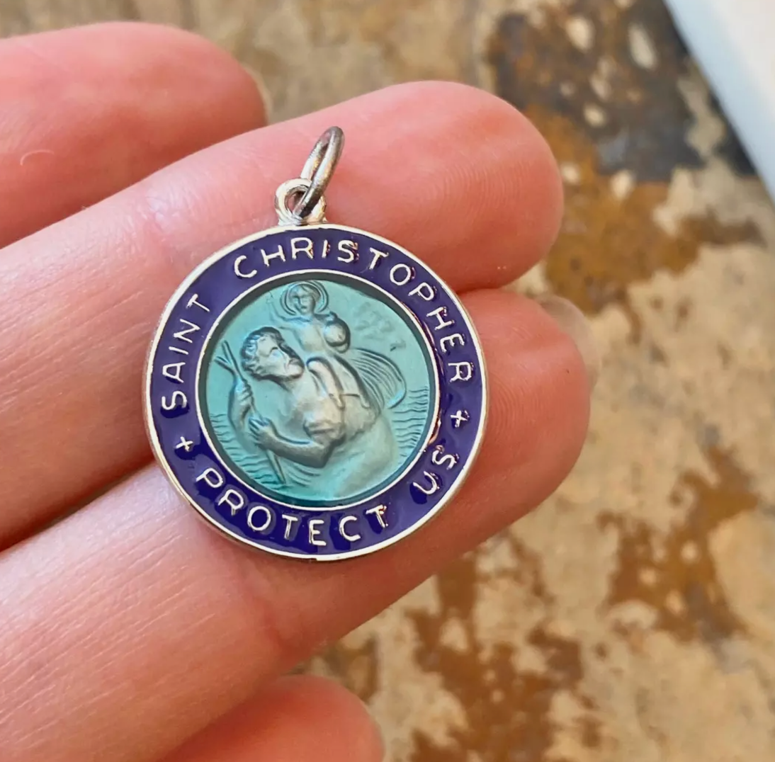 Sterling Silver + Blue Enamel Saint Christopher Round Medal Pendant