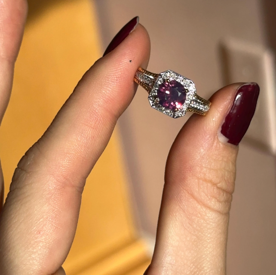 Estate 18KT Yellow + White Gold Kashmir Purple Amethyst + Diamond Ring