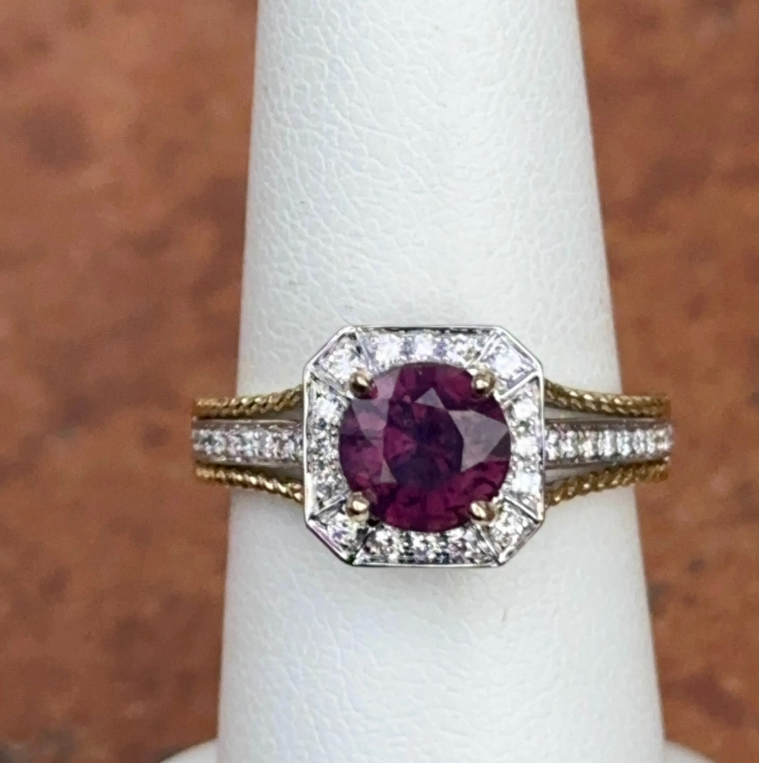 Estate 18KT Yellow + White Gold Kashmir Purple Amethyst + Diamond Ring