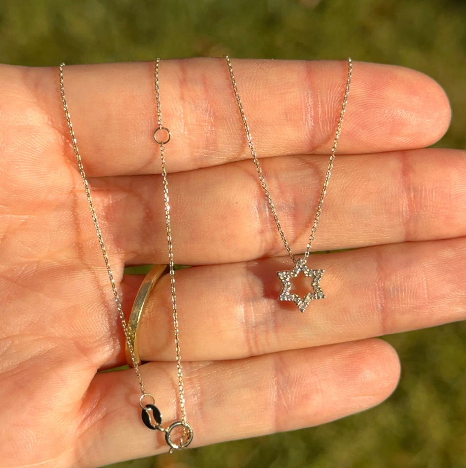 14KT Yellow Gold Small Pave Diamond Star of David Pendant Necklace