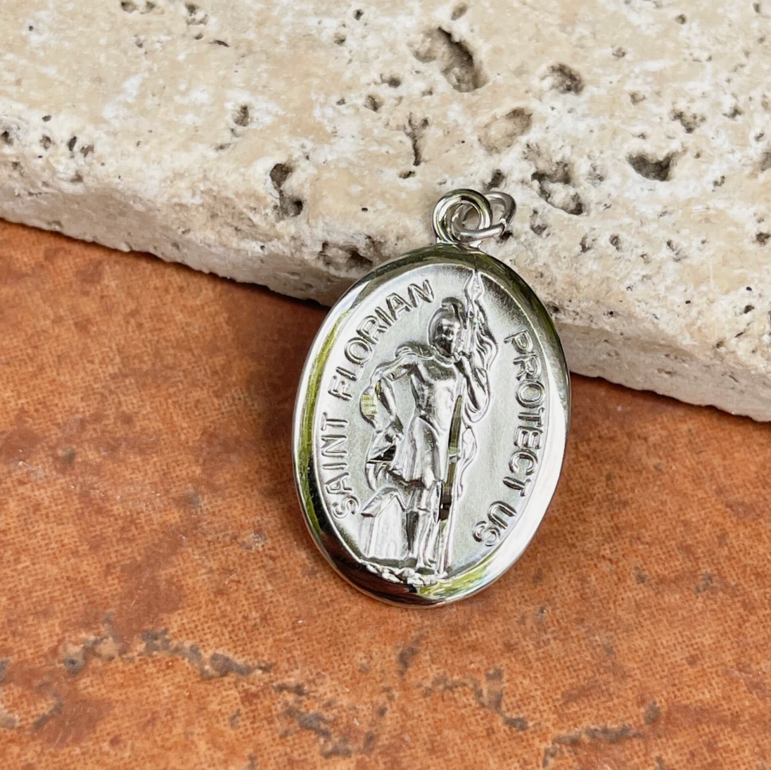 Sterling Silver St Florian Oval Medal Pendant 28mm