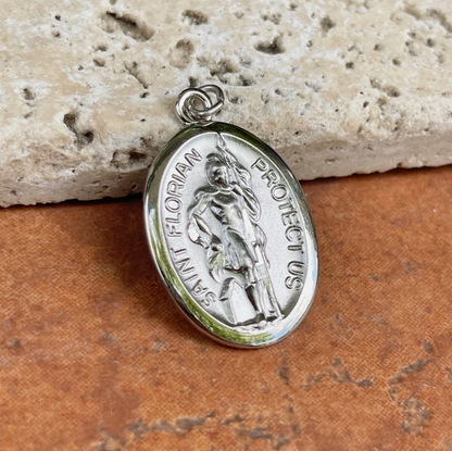 Sterling Silver St Florian Oval Medal Pendant 28mm