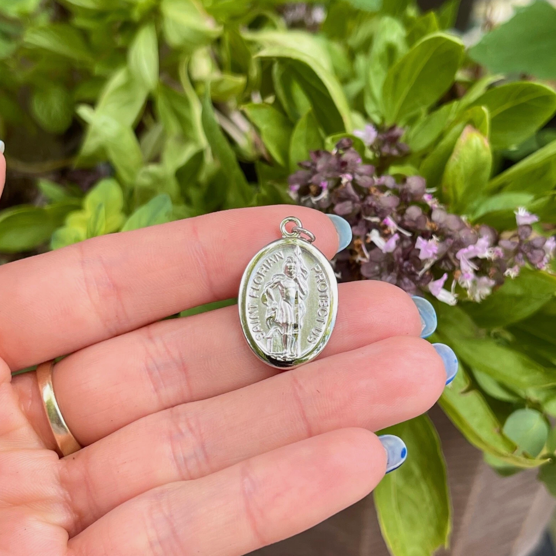 Sterling Silver St Florian Oval Medal Pendant 28mm