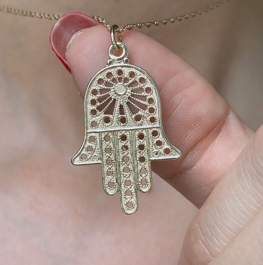 14KT Yellow Gold Filigree Hamsa Chamseh Hand of God Pendant 33mm