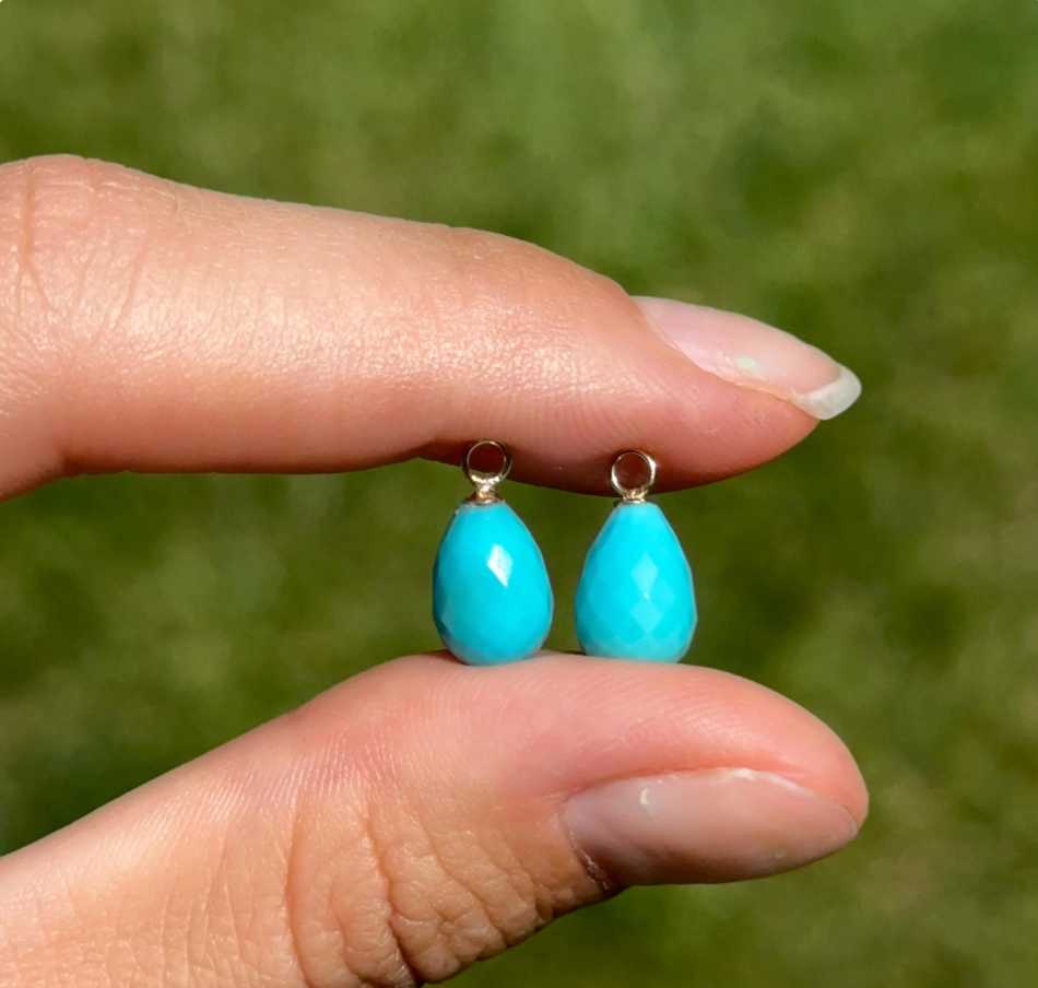 14KT Yellow Gold Faceted Teardrop Turquoise Briolette Earring Charms - LSJ