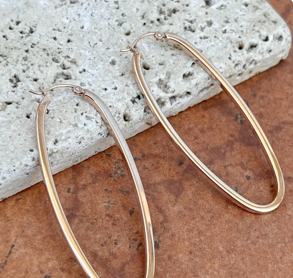 14KT Rose Gold Thin 2mm Rectangle Rounded Hoop Earrings 51mm