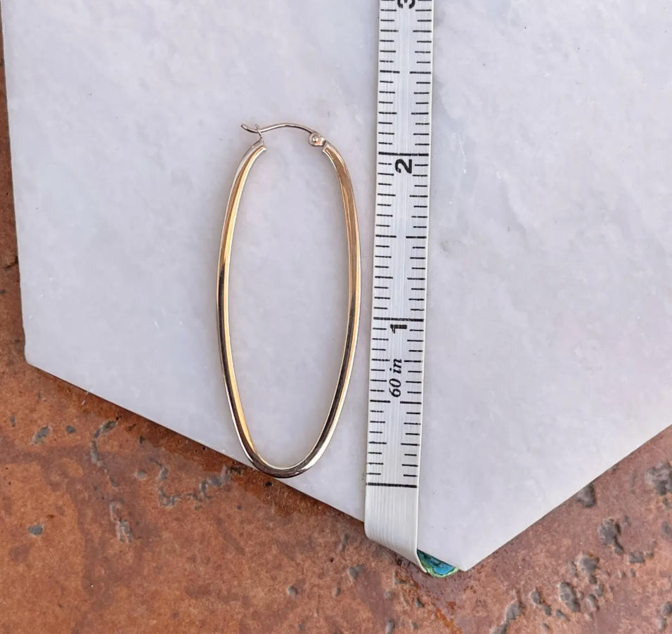 14KT Rose Gold Thin 2mm Rectangle Rounded Hoop Earrings 51mm