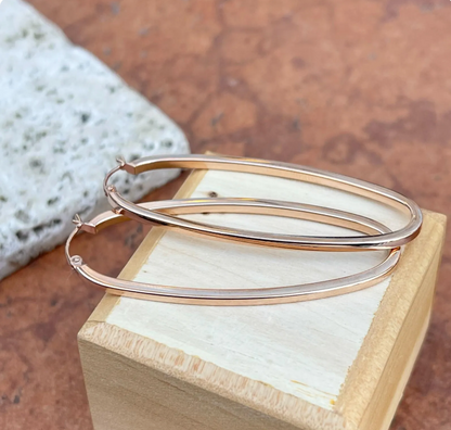 14KT Rose Gold Thin 2mm Rectangle Rounded Hoop Earrings 51mm