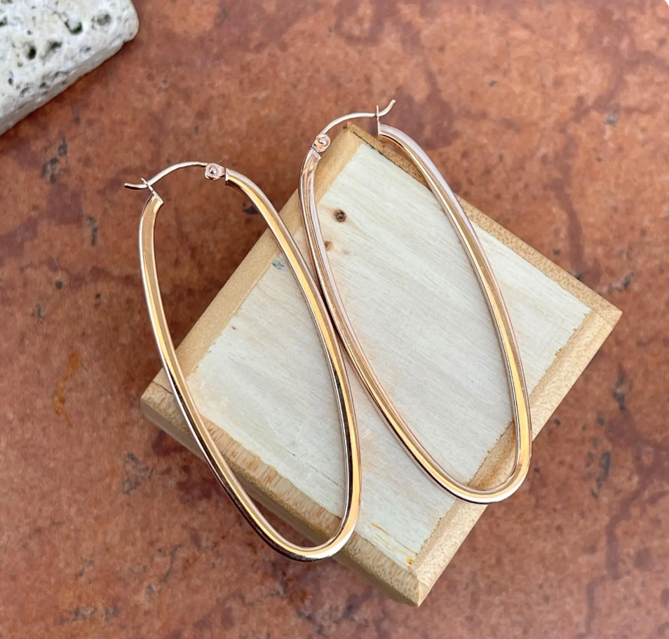 14KT Rose Gold Thin 2mm Rectangle Rounded Hoop Earrings 51mm