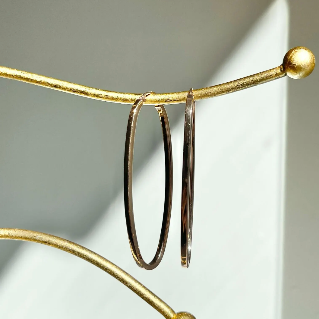 14KT Rose Gold Thin 2mm Rectangle Rounded Hoop Earrings 51mm