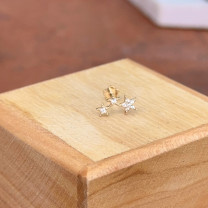 14KT Yellow Gold Cubic Zirconia 3 Star Flat Back Stud Earring