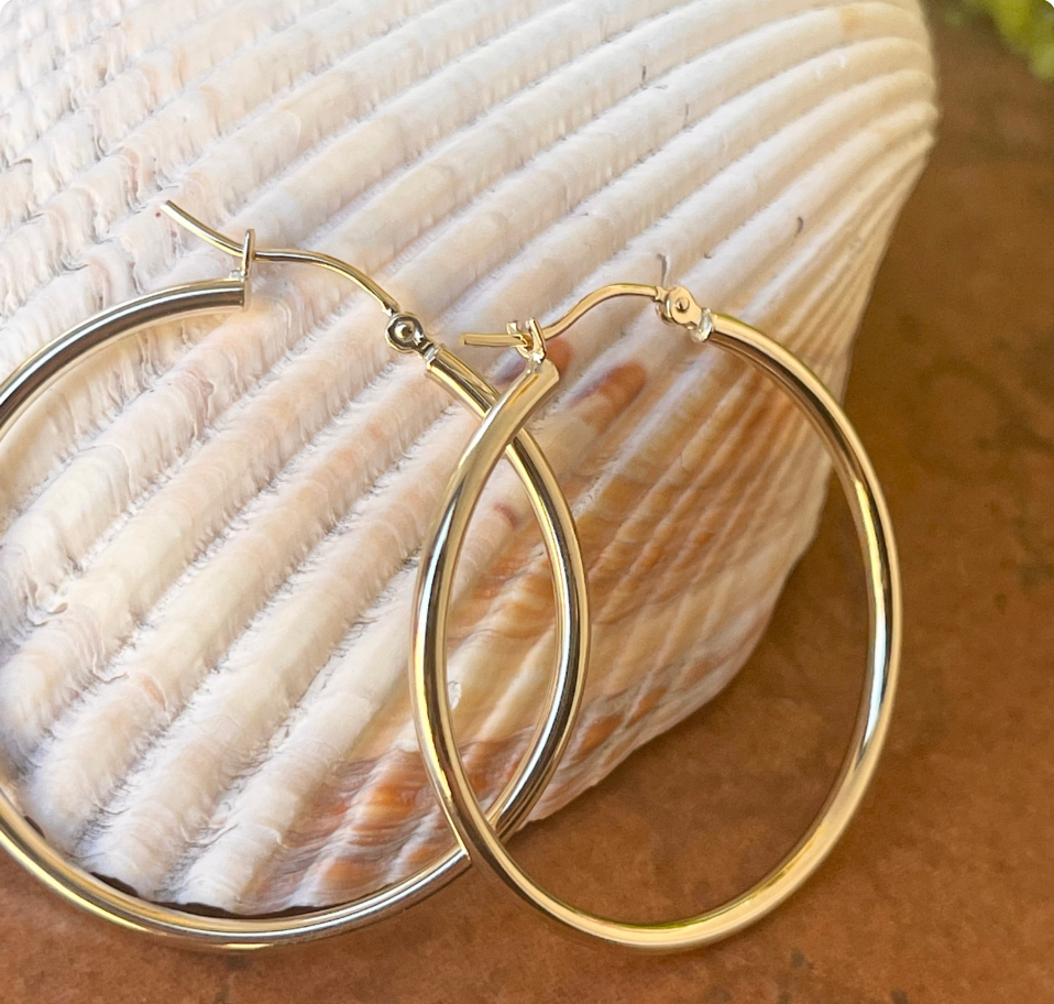 10KT Yellow Gold 2mm Tube Hoop Earrings 36mm