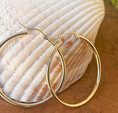10KT Yellow Gold 2mm Tube Hoop Earrings 36mm
