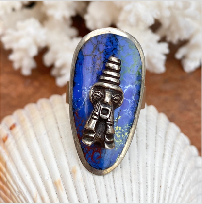 Estate Sterling Silver Enamel Peru Ring Ring Folk Unsigned 9 Adjustable Inca