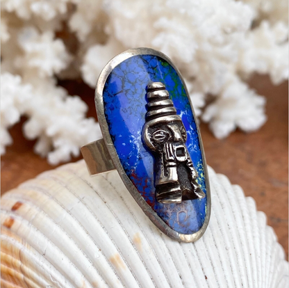 Estate Sterling Silver Enamel Peru Ring Ring Folk Unsigned 9 Adjustable Inca