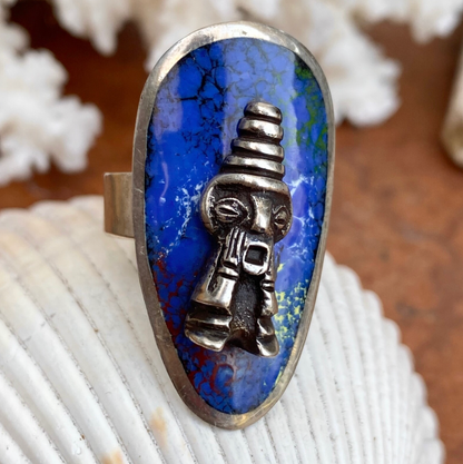 Estate Sterling Silver Enamel Peru Ring Ring Folk Unsigned 9 Adjustable Inca