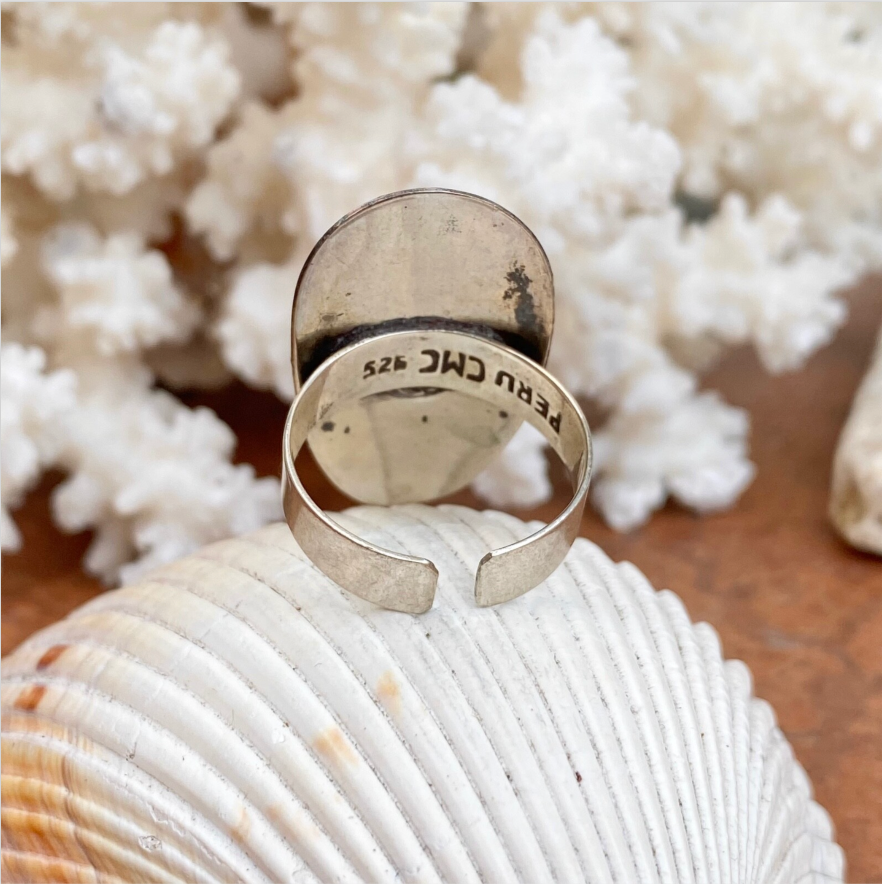 Estate Sterling Silver Enamel Peru Ring Ring Folk Unsigned 9 Adjustable Inca