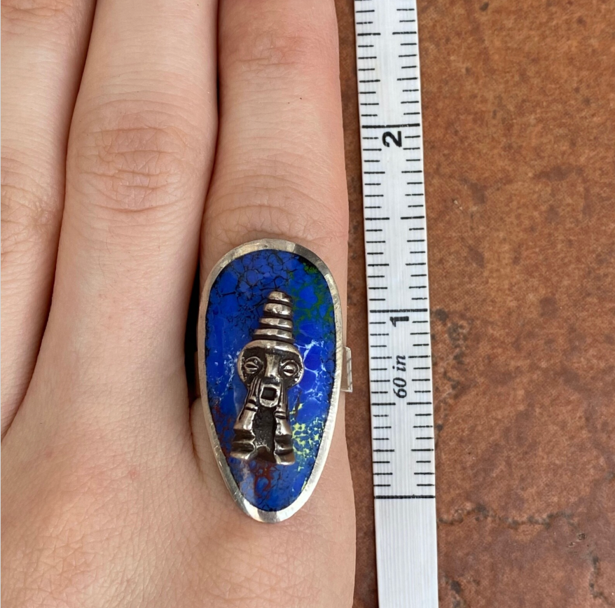 Estate Sterling Silver Enamel Peru Ring Ring Folk Unsigned 9 Adjustable Inca