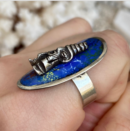 Estate Sterling Silver Enamel Peru Ring Ring Folk Unsigned 9 Adjustable Inca