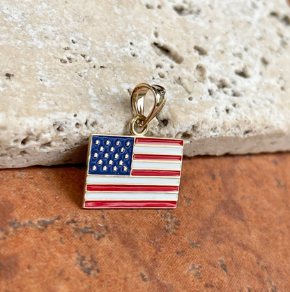 14KT Yellow Gold & Enamel American Flag Pendant Charm