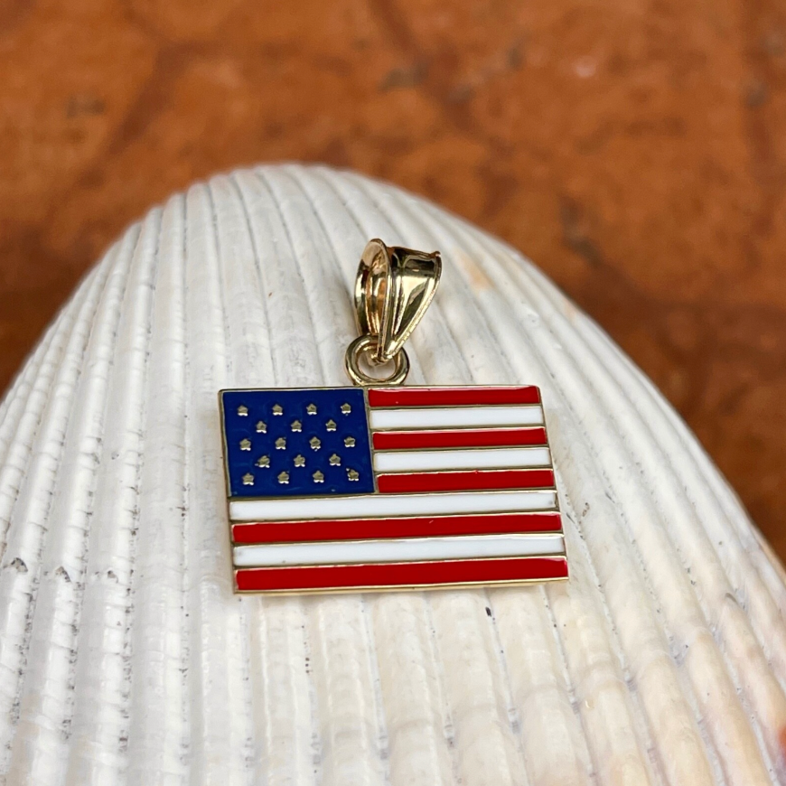 14KT Yellow Gold & Enamel American Flag Pendant Charm