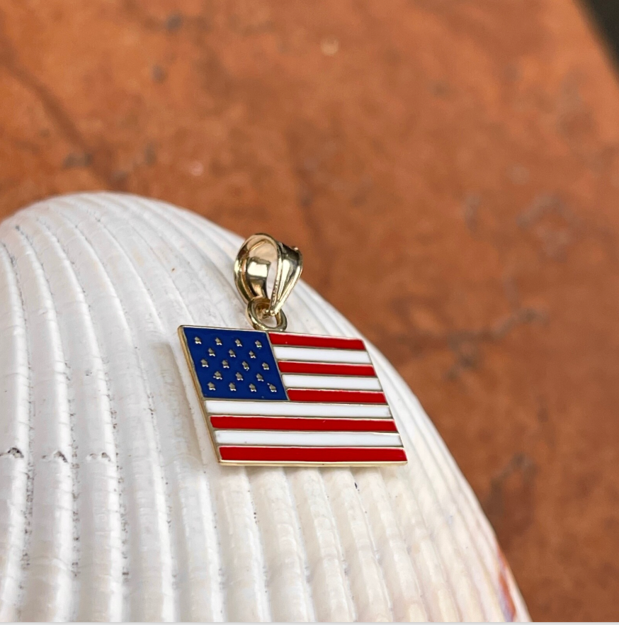 14KT Yellow Gold & Enamel American Flag Pendant Charm