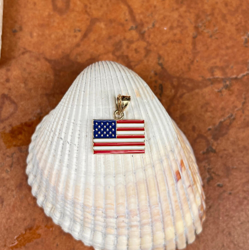14KT Yellow Gold & Enamel American Flag Pendant Charm