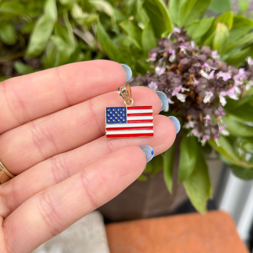 14KT Yellow Gold & Enamel American Flag Pendant Charm