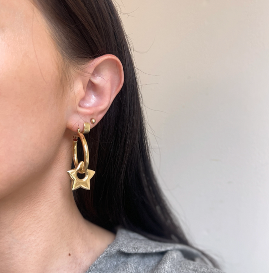 Estate Peter Brams 14KT Yellow Gold Star Hoop Earring Charms 20mm