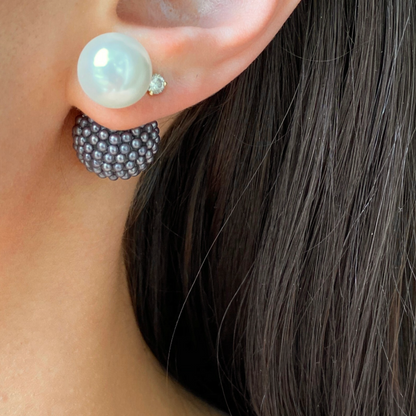Sterling Silver Double-Ended White Faux Pearl + Gray Textured Ball Earring