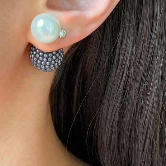 Sterling Silver Double-Ended White Faux Pearl + Gray Textured Ball Earring