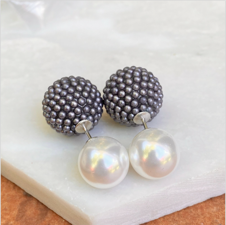 Sterling Silver Double-Ended White Faux Pearl + Gray Textured Ball Earring