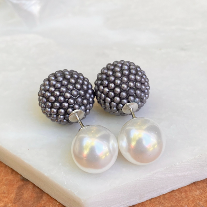 Sterling Silver Double-Ended White Faux Pearl + Gray Textured Ball Earring