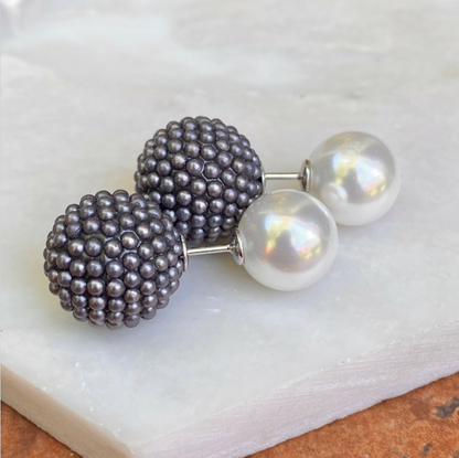 Sterling Silver Double-Ended White Faux Pearl + Gray Textured Ball Earring
