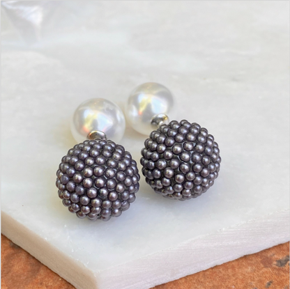 Sterling Silver Double-Ended White Faux Pearl + Gray Textured Ball Earring