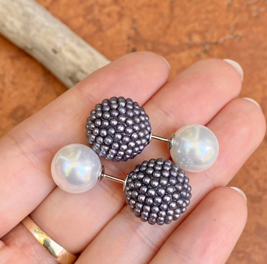 Sterling Silver Double-Ended White Faux Pearl + Gray Textured Ball Earring