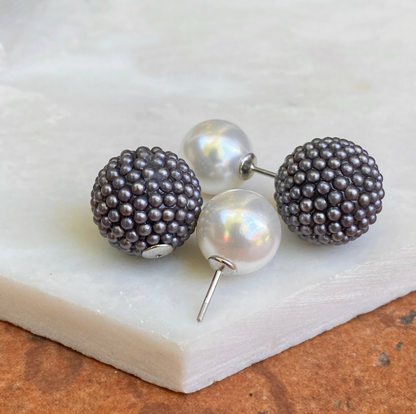 Sterling Silver Double-Ended White Faux Pearl + Gray Textured Ball Earring